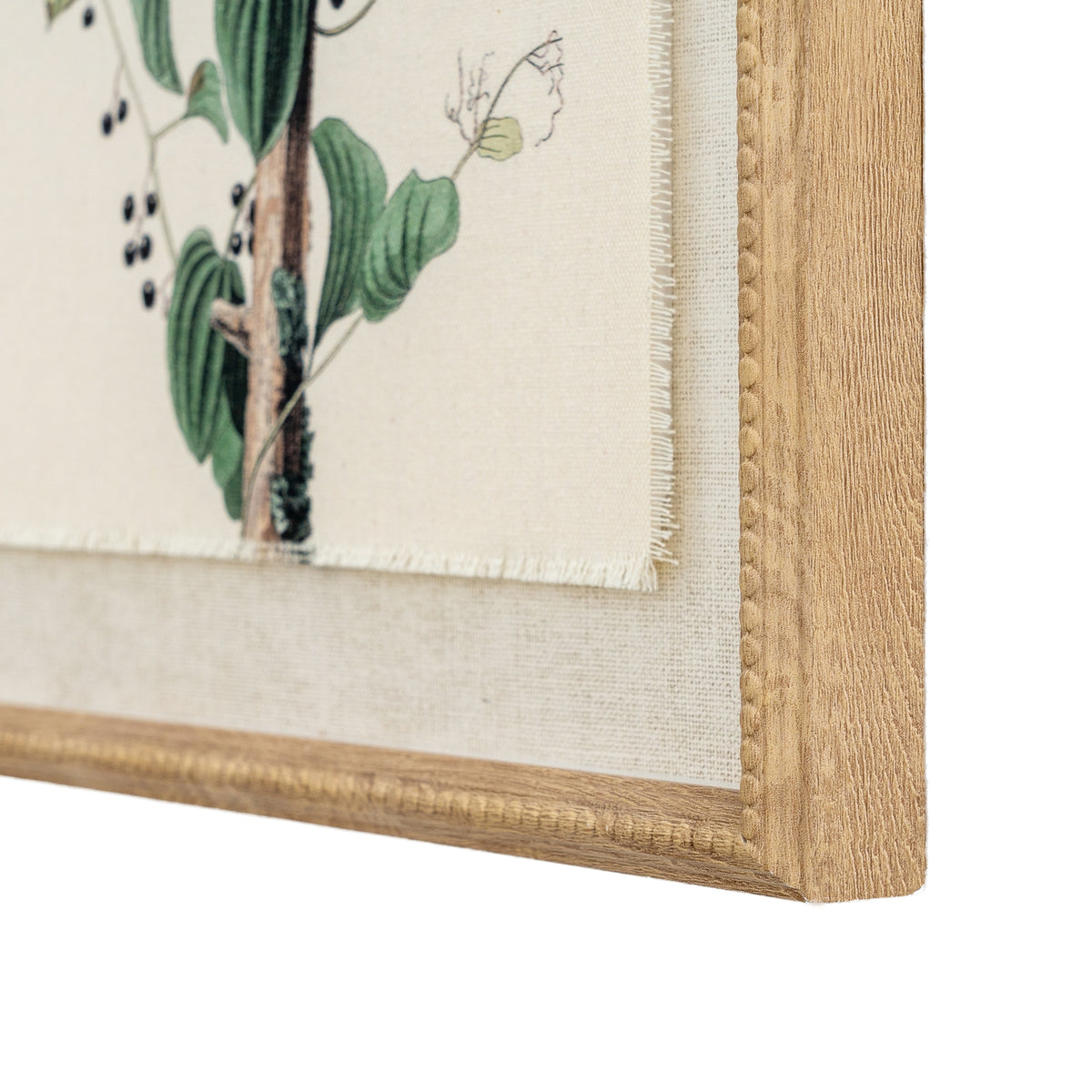 Shrikes on linen in beaded frame