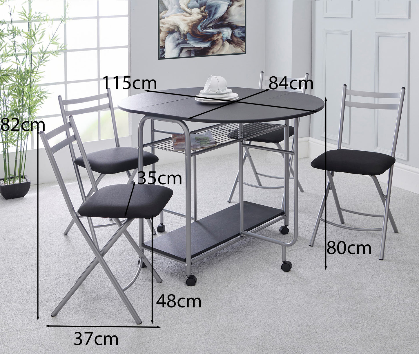 Stowaway Dining Set with Padded Seats - Black/Silver