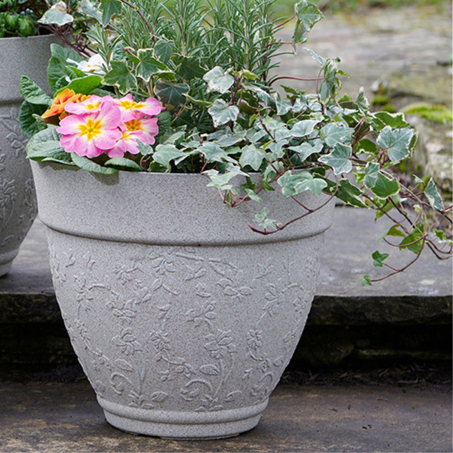 Floral Design Planters Sandstone Finish - Set of 3