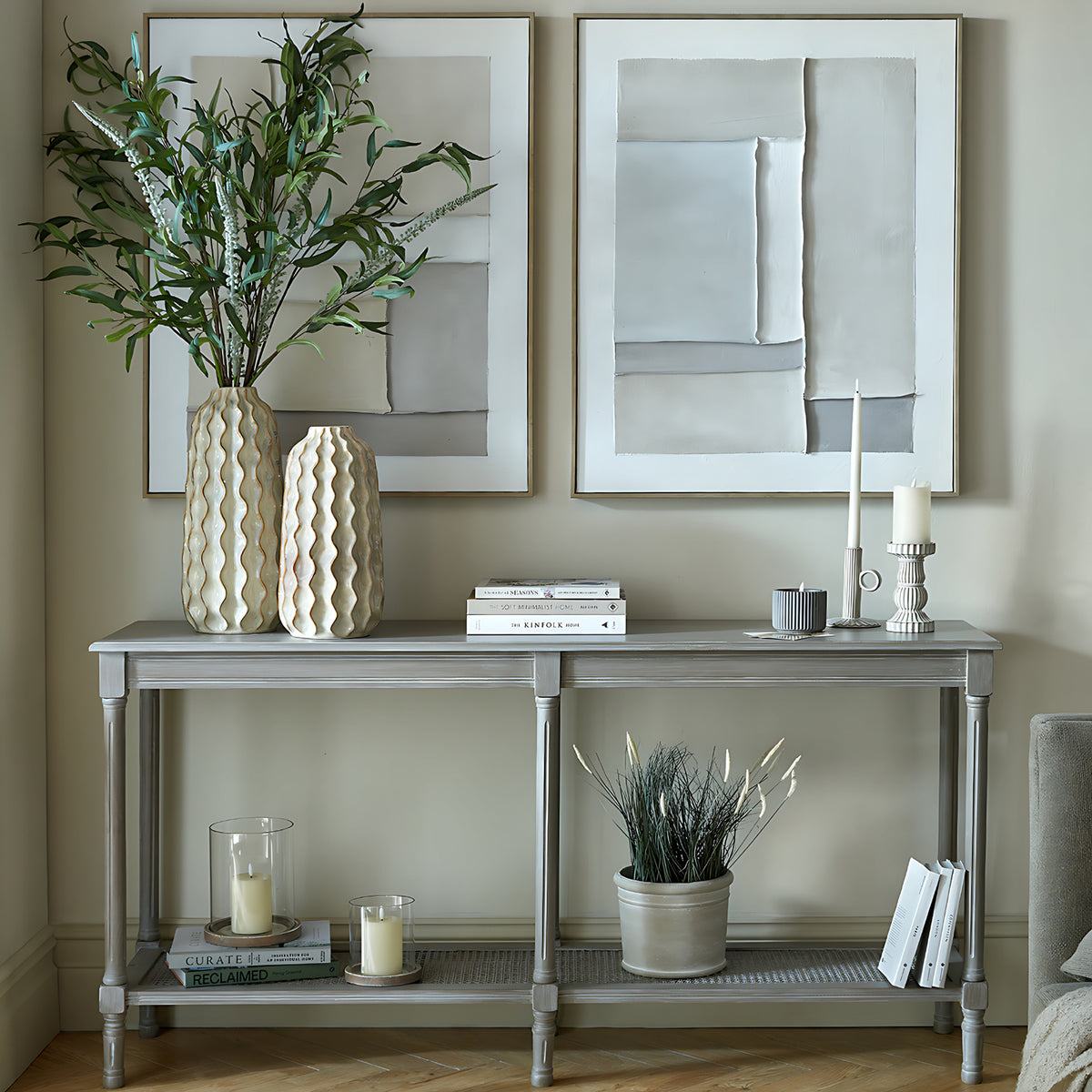 Serene rattan console table styled in a modern living room