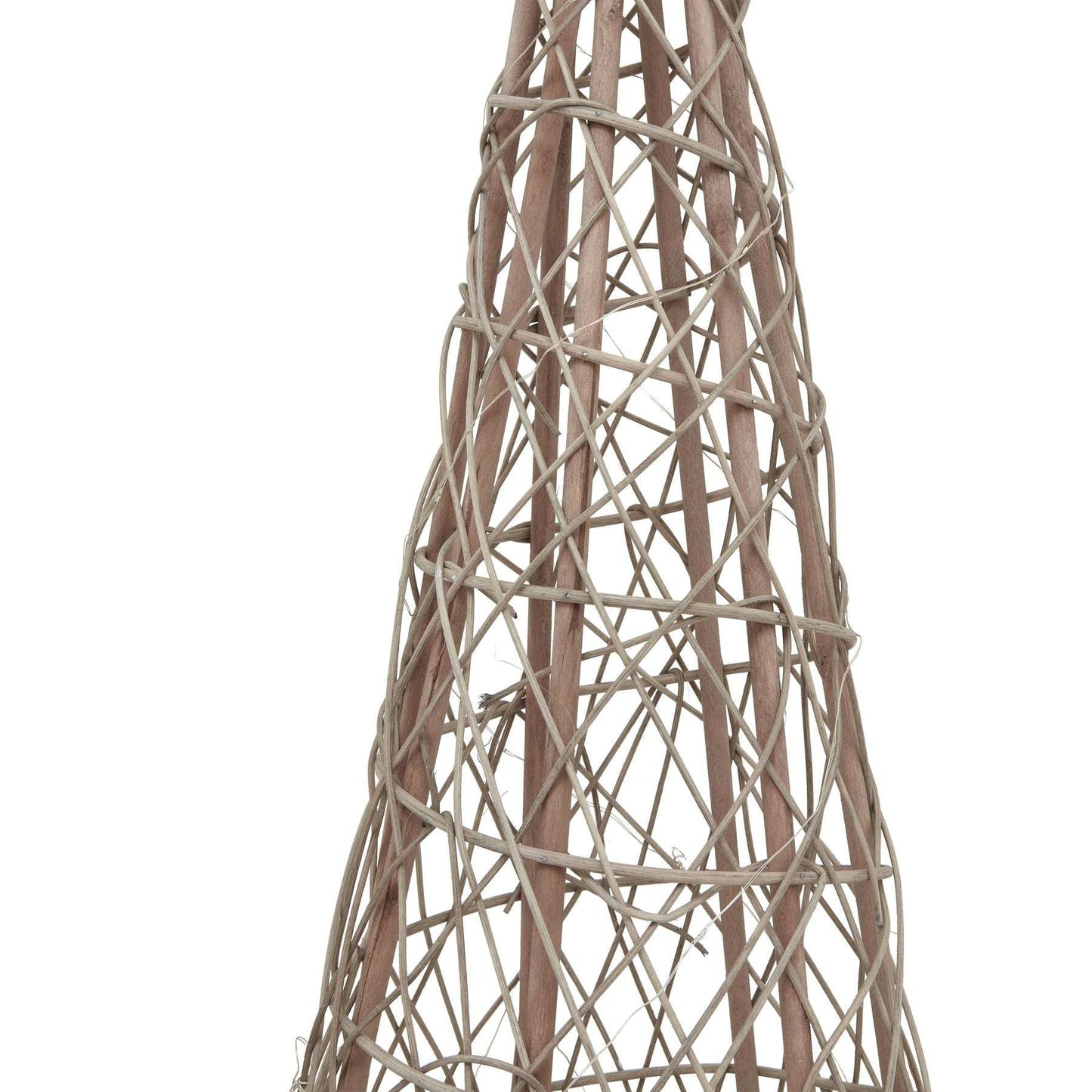 Decorative cone-shaped object made of interwoven branches on a white background