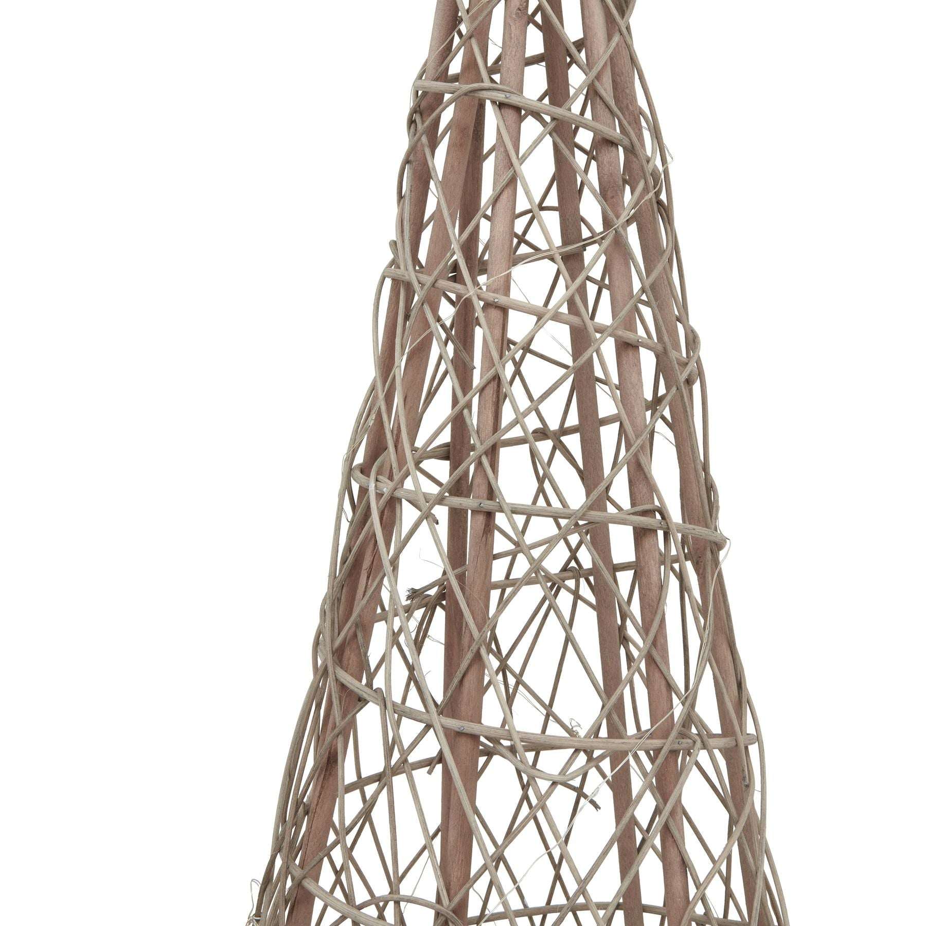Decorative cone-shaped object made of interwoven branches on a white background
