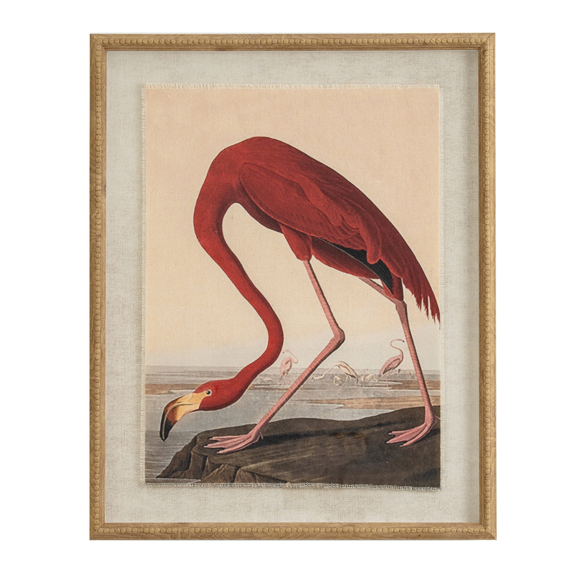 Flamingo on linen in beaded frame