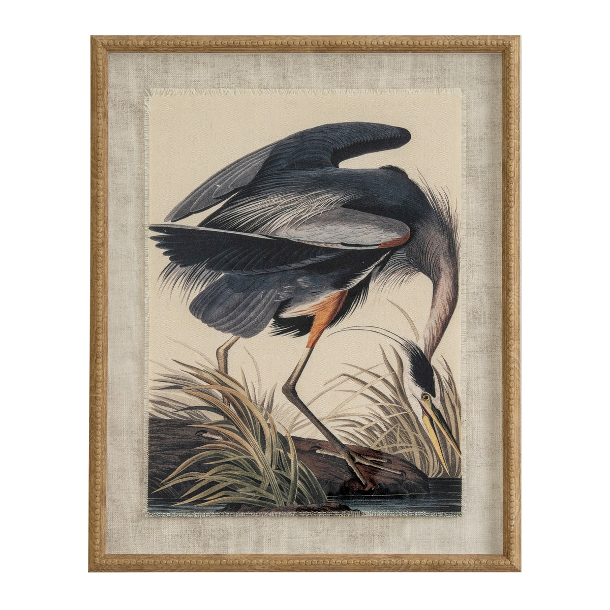 Heron on linen in beaded frame