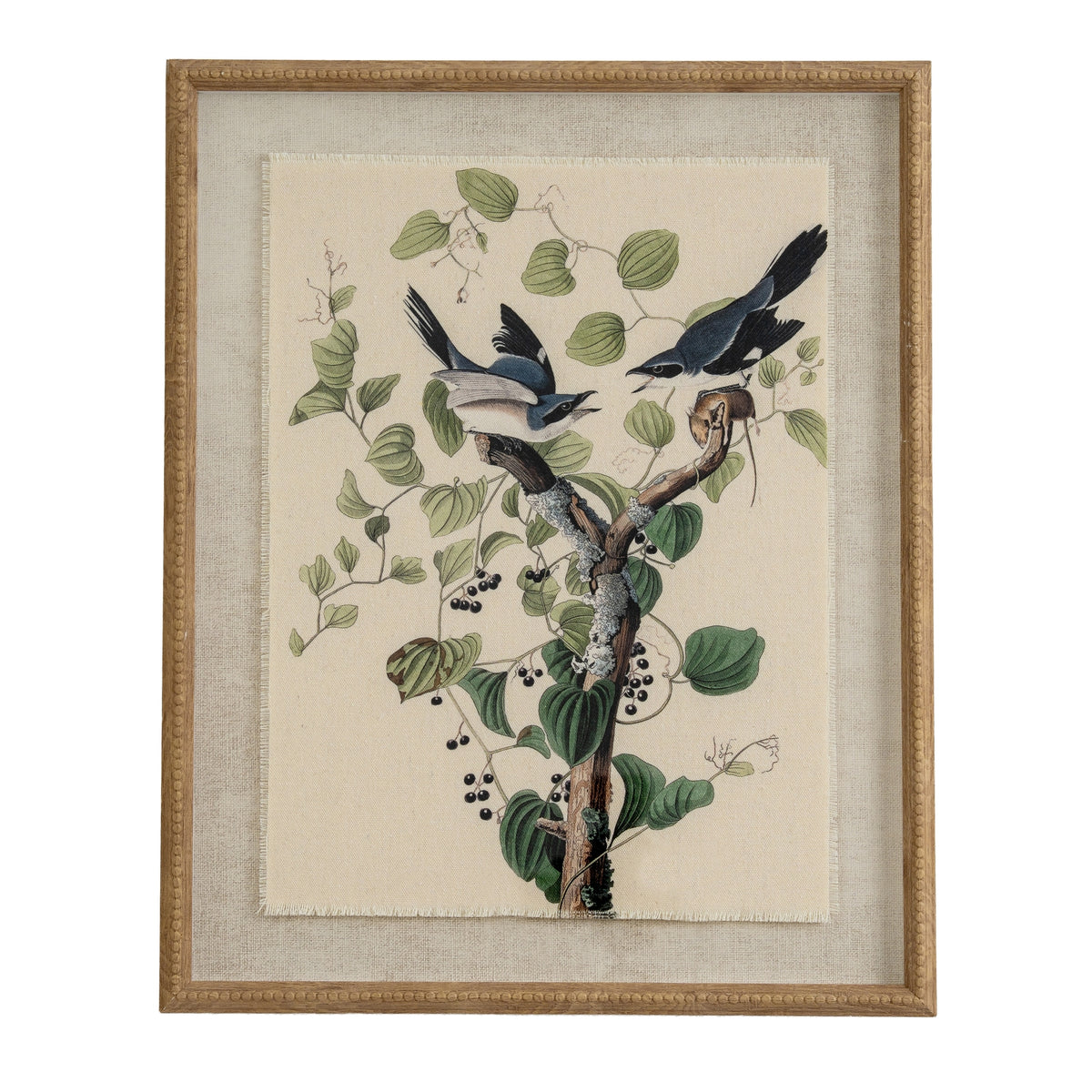 Shrikes on linen in beaded frame