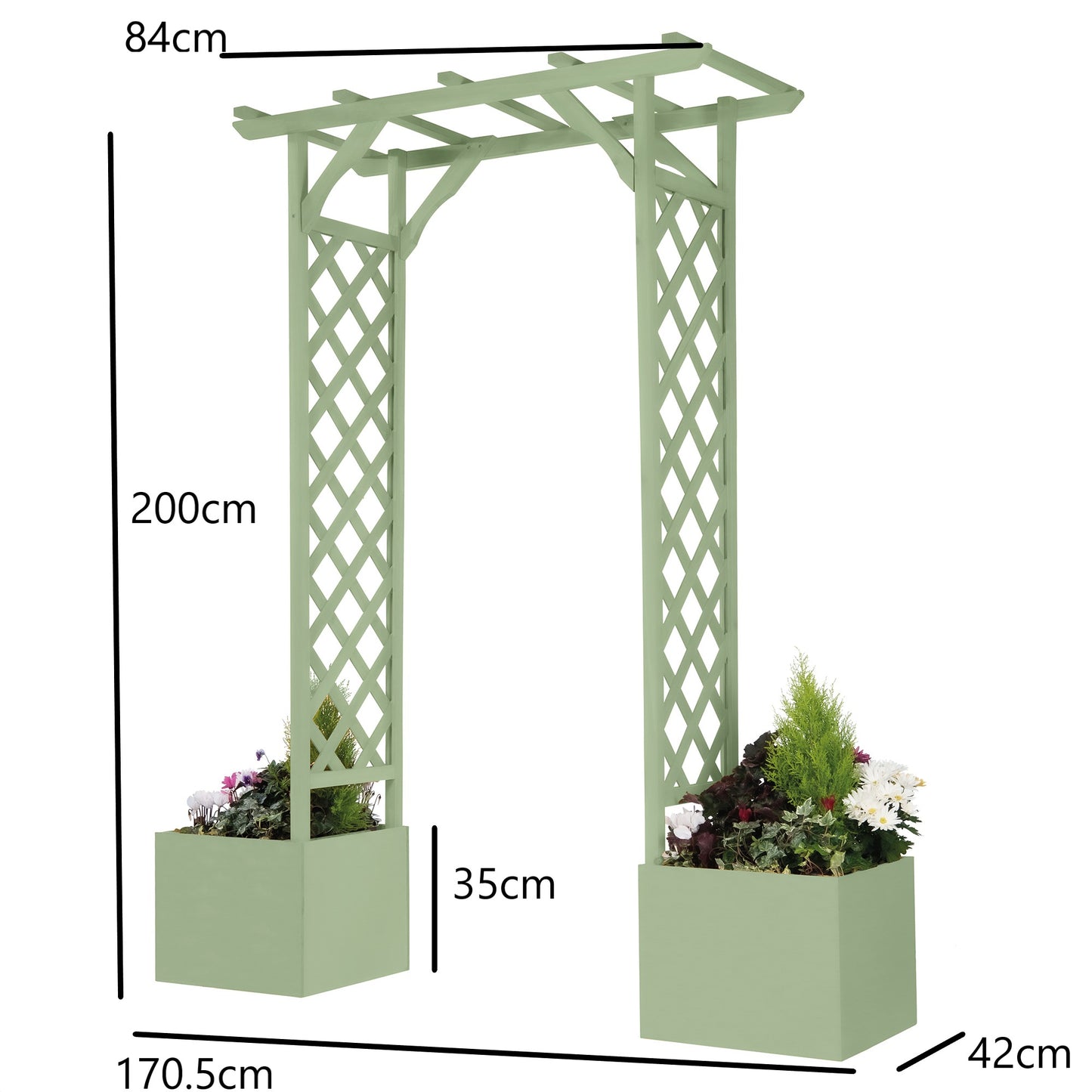Square Top Wooden Arch & Planters - Sage Green