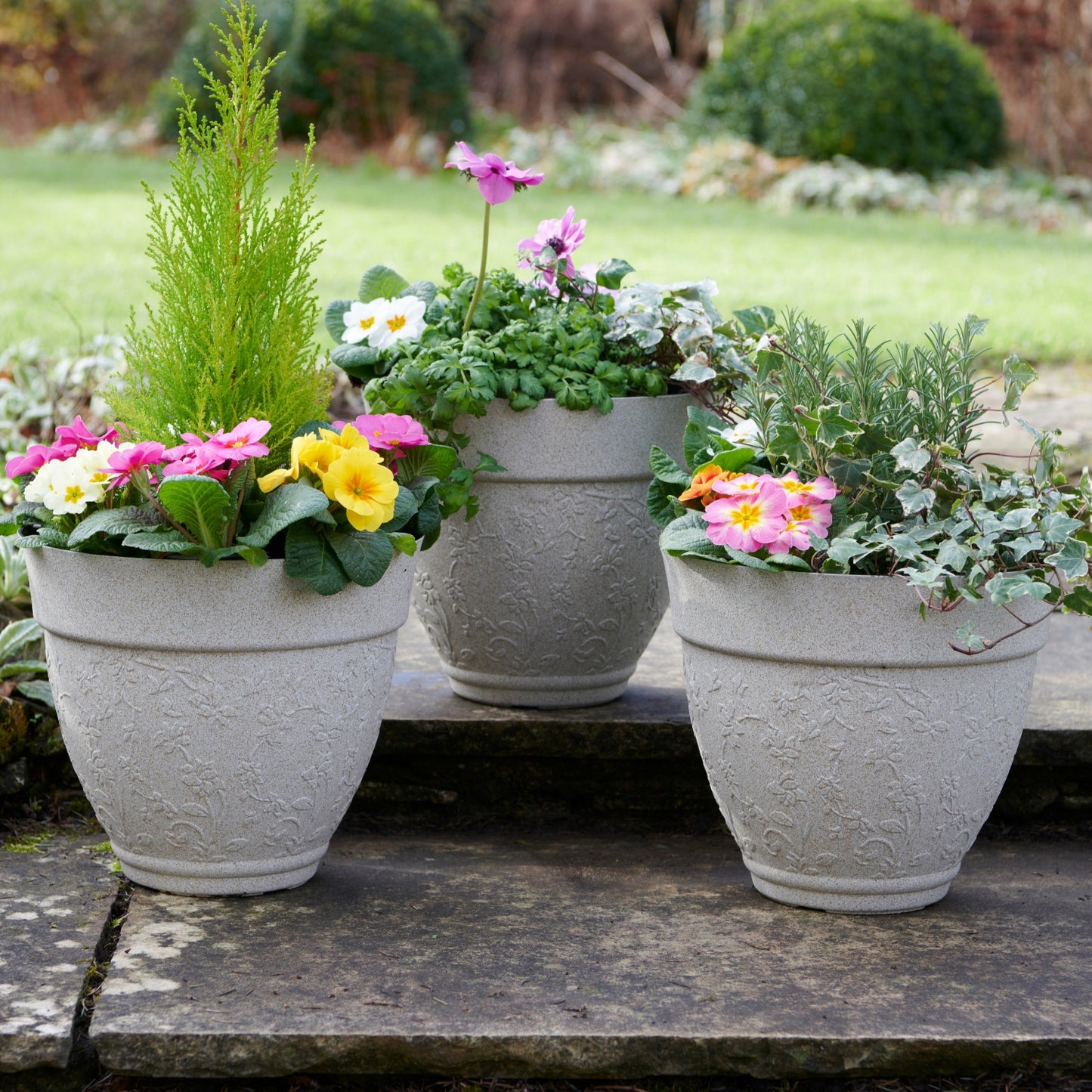 Floral Design Planters Sandstone Finish - Set of 3