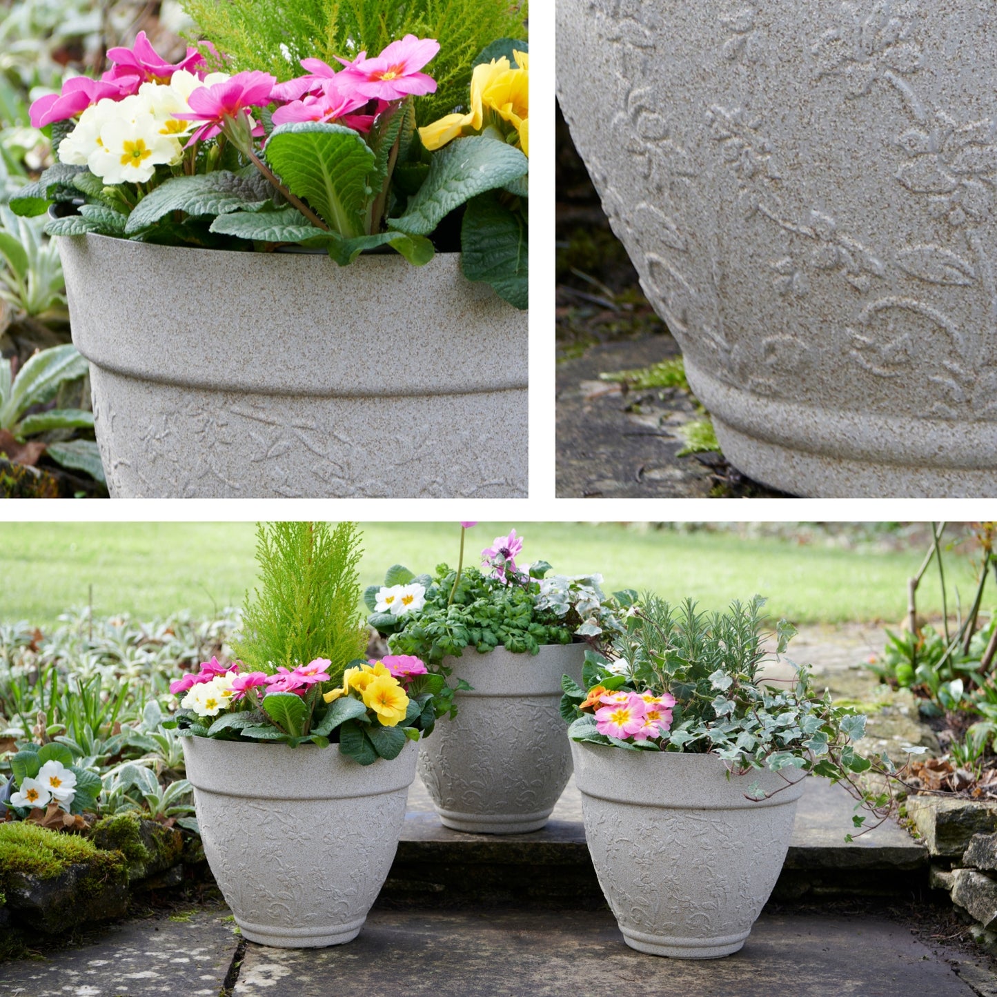 Floral Design Planters Sandstone Finish - Set of 3