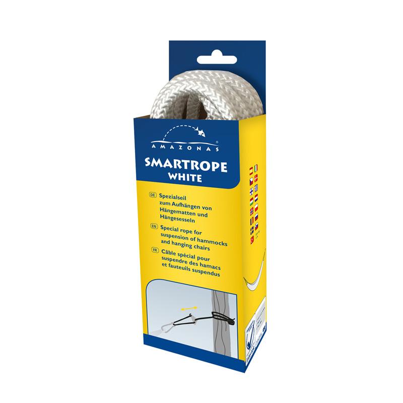 Packaging of 'Smart Rope Fixing - White' showing the product which is a coiled white rope with a carabiner, presented in a blue and yellow box.