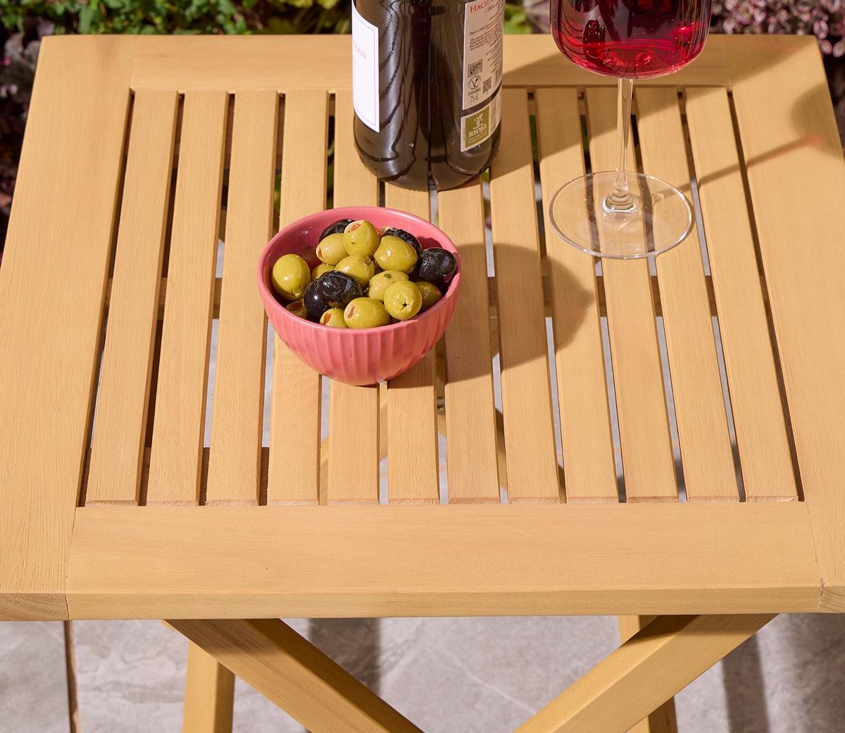 Ascot Folding Side Table with wine bottle and olive bowl