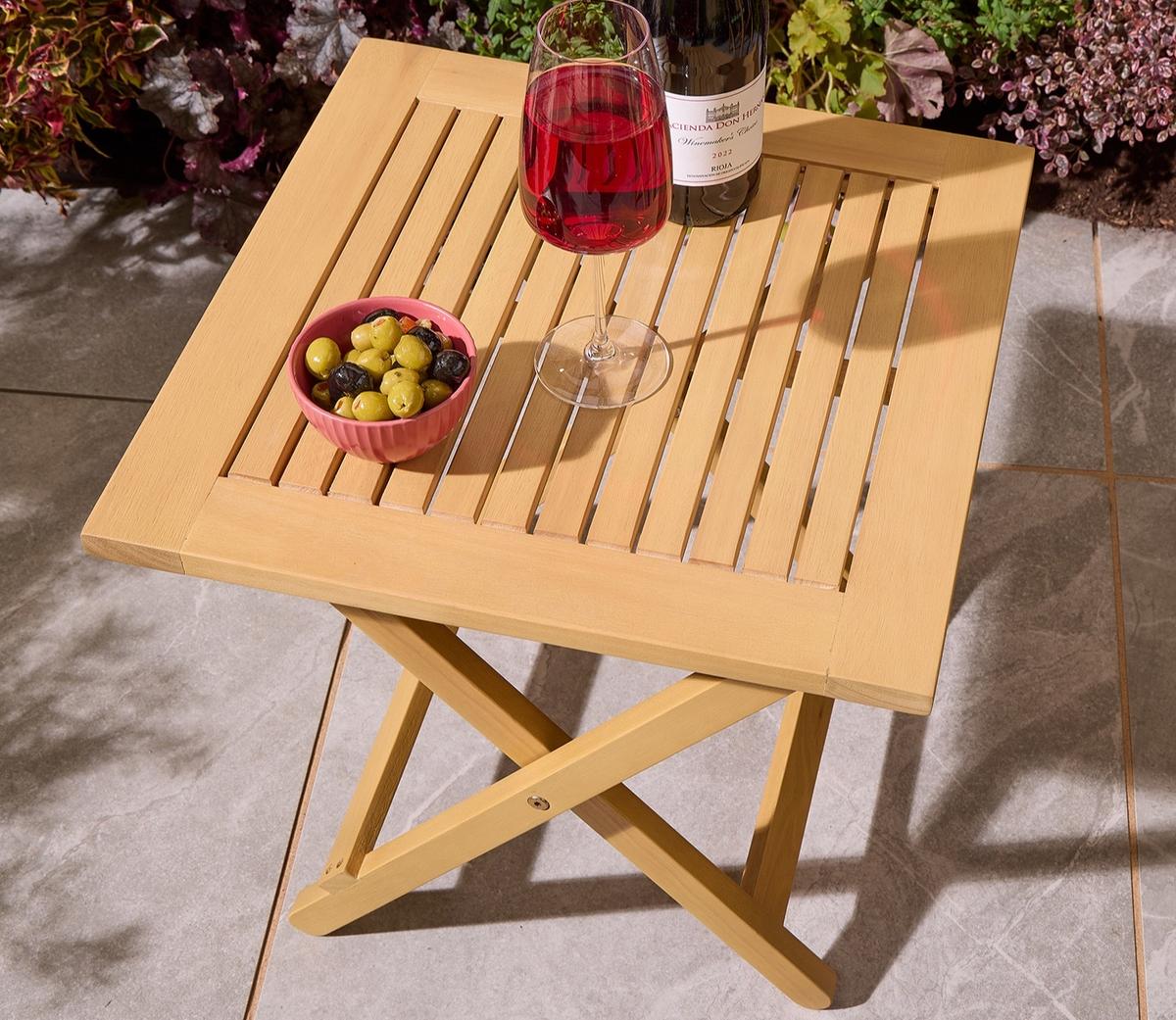 Ascot Folding Side Table slatted top with wine glass and olives