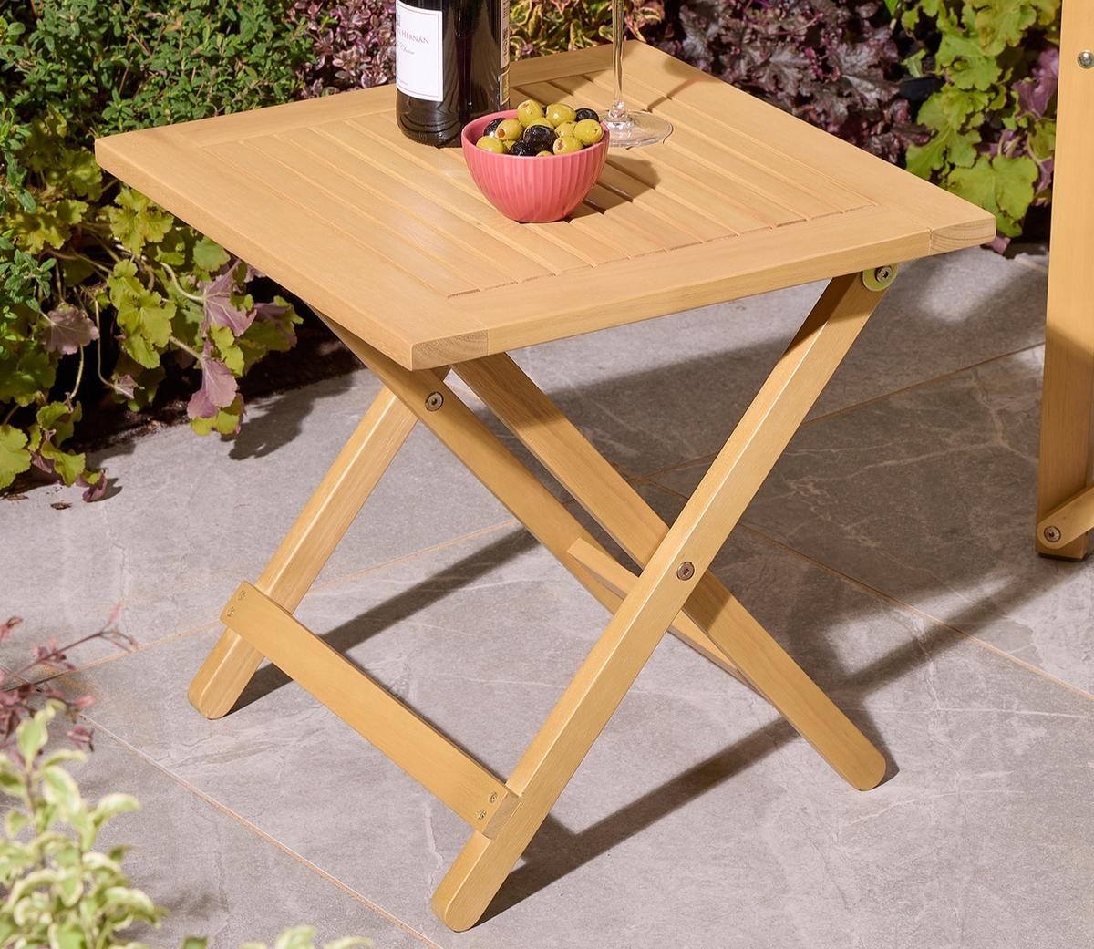 Ascot Folding Side Table on patio with wine and olives