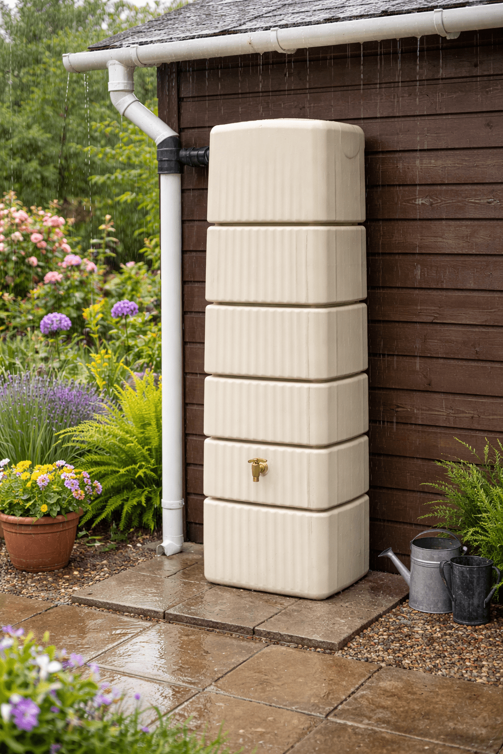 Tall & Slim 330L Water Butt - Beige - Heritage Gardens UK Online Garden Centre